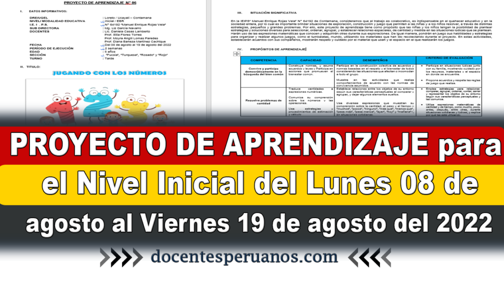 PROYECTO DE APRENDIZAJE para el Nivel Inicial del Lunes 08 de agosto al Viernes 19 de agosto del 2022