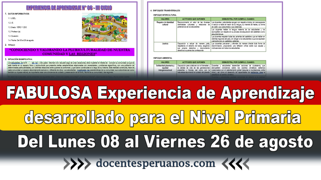 FABULOSA Experiencia de Aprendizaje desarrollado para el Nivel Primaria Del Lunes 08 al Viernes 26 de agosto