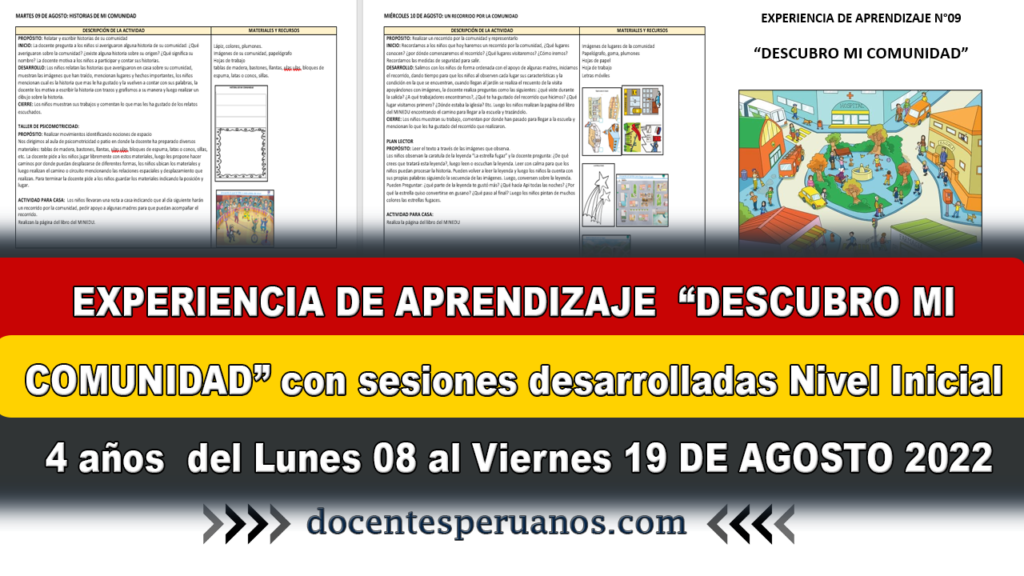 EXPERIENCIA DE APRENDIZAJE “DESCUBRO MI COMUNIDAD” con sesiones desarrolladas Nivel Inicial 4 años del Lunes 08 al Viernes 19 DE AGOSTO 2022