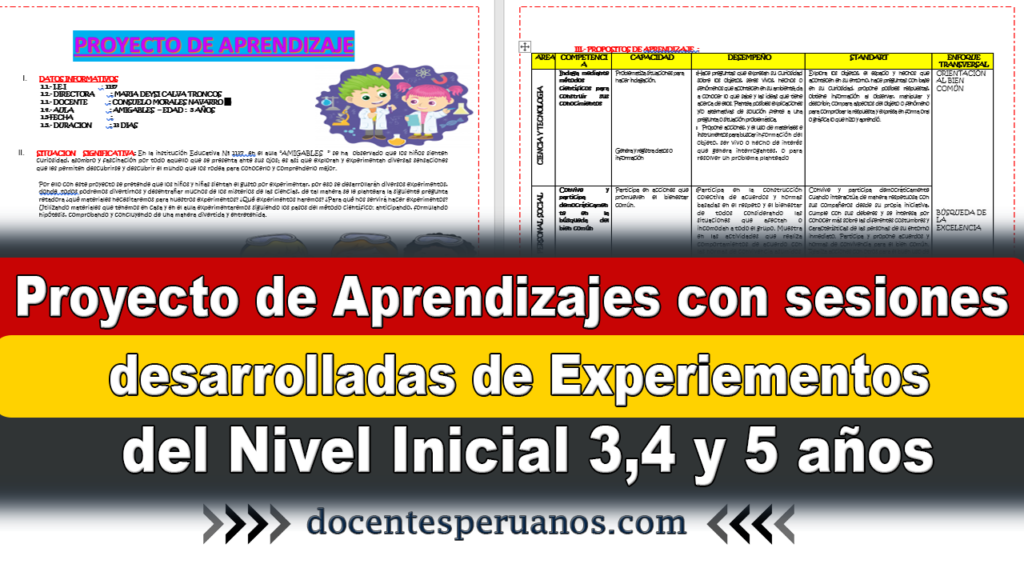 Proyecto de Aprendizajes con sesiones desarrolladas de Experiementos del Nivel Inicial 3,4 y 5 años