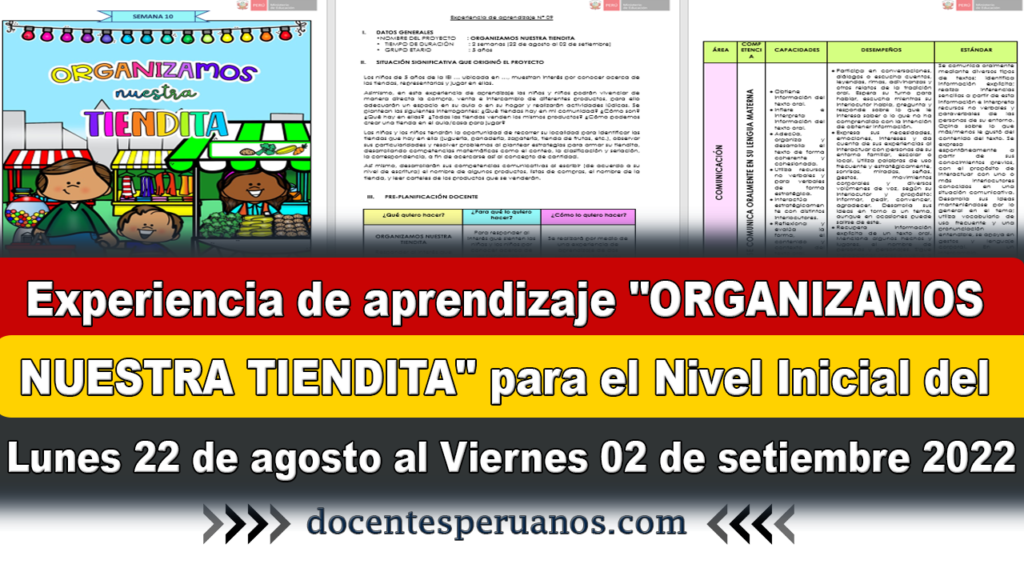 Experiencia de aprendizaje "ORGANIZAMOS NUESTRA TIENDITA" para el Nivel Inicial del Lunes 22 de agosto al Viernes 02 de setiembre 2022