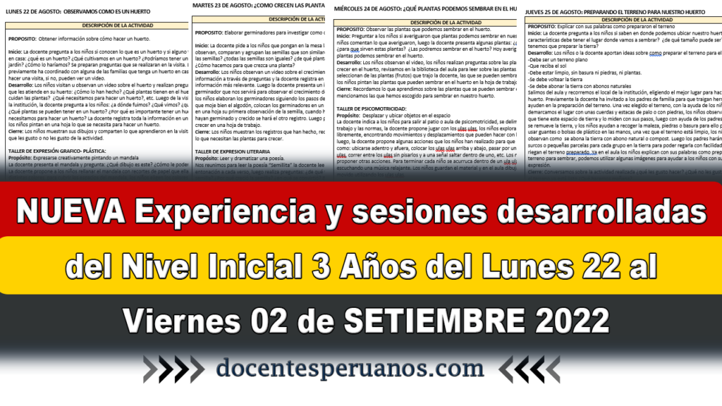 NUEVA Experiencia y sesiones desarrolladas del Nivel Inicial 3 Años del Lunes 22 al Viernes 02 de SETIEMBRE 2022