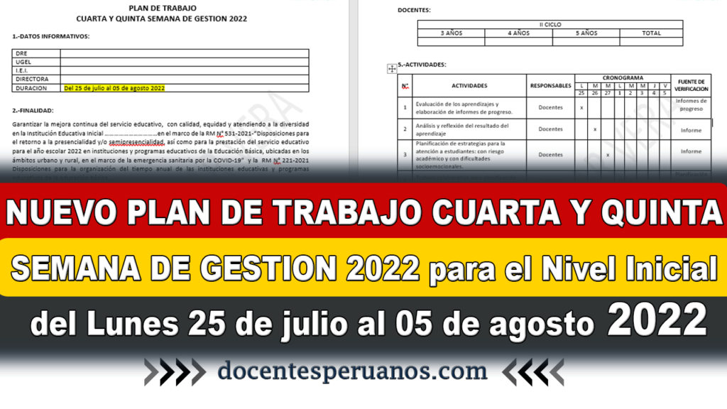NUEVO PLAN DE TRABAJO CUARTA Y QUINTA SEMANA DE GESTION 2022 para el Nivel Inicial del Lunes 25 de julio al 05 de agosto 2022