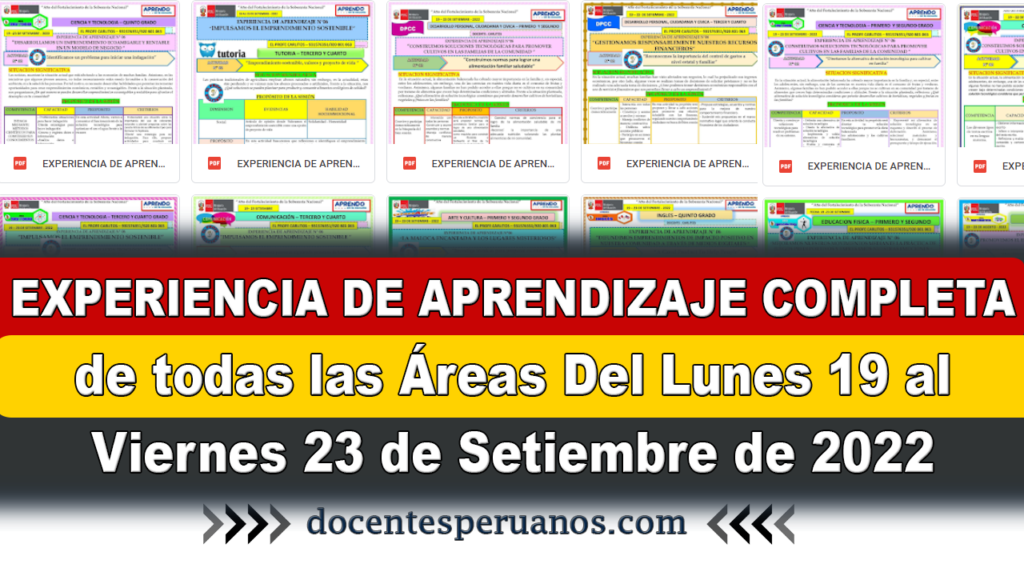 EXPERIENCIA DE APRENDIZAJE COMPLETA de todas las Áreas Del Lunes 19 al Viernes 23 de Setiembre de 2022