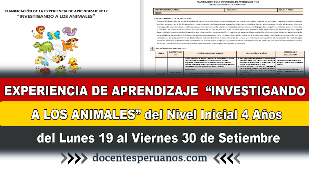 EXPERIENCIA DE APRENDIZAJE “INVESTIGANDO A LOS ANIMALES” del Nivel Inicial 4 Años del Lunes 19 al Viernes 30 de Setiembre