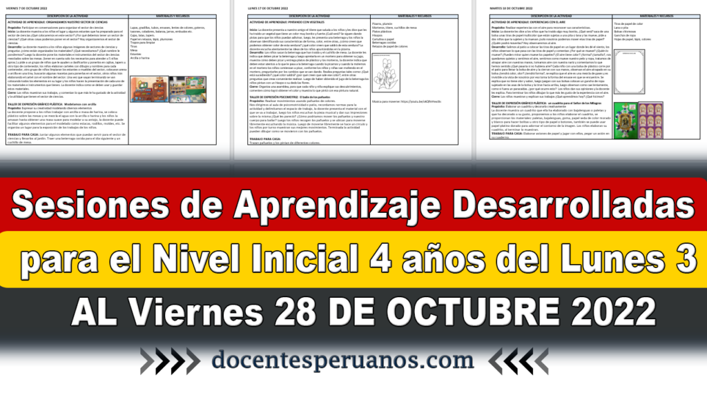 Sesiones de Aprendizaje Desarrolladas para el Nivel Inicial 4 años del Lunes 03 AL Viernes 28 DE OCTUBRE 2022